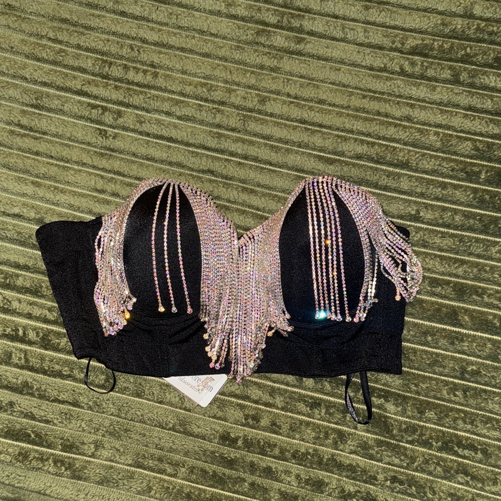 Embellished Black Strapless Rhinestone Bustier
